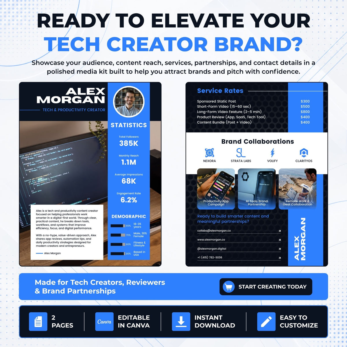 Tech creator media kit Canva template showcasing creator statistics, service rates, brand collaborations, contact details, and editable 2 page design.
