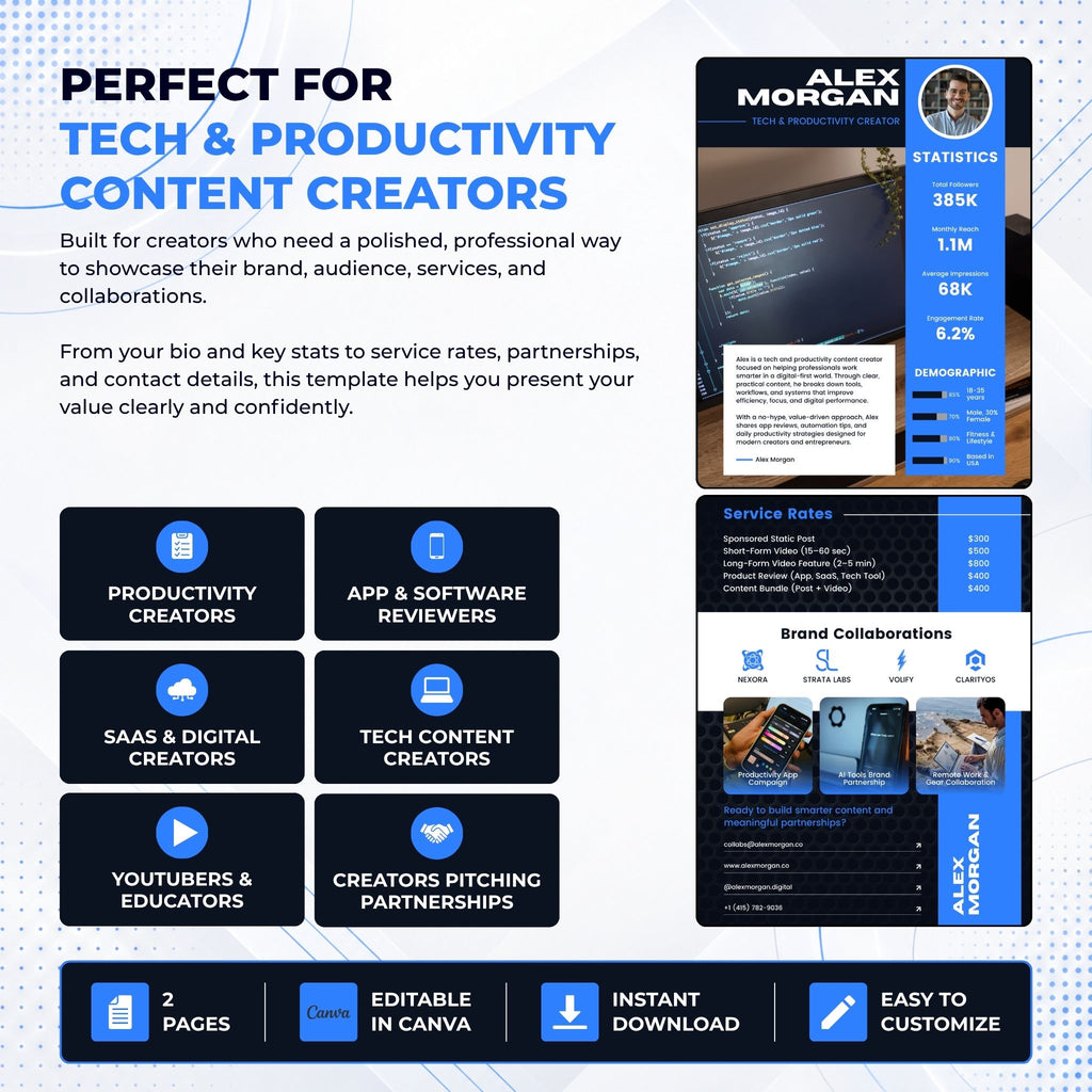 Promotional graphic for a digital Canva resume template designed for tech and productivity creators. The layout features a mockup of the resume on the top right, showing a dark blue and white design with profile picture, statistics, and service rates.
