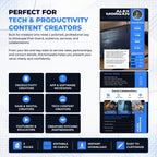 Promotional graphic for a digital Canva resume template designed for tech and productivity creators. The layout features a mockup of the resume on the top right, showing a dark blue and white design with profile picture, statistics, and service rates.
