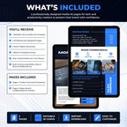 Promotional graphic for a digital media kit template product, showing three tablet mockups with sample website pages, plus text callouts about included pages and features on a light blue background.

