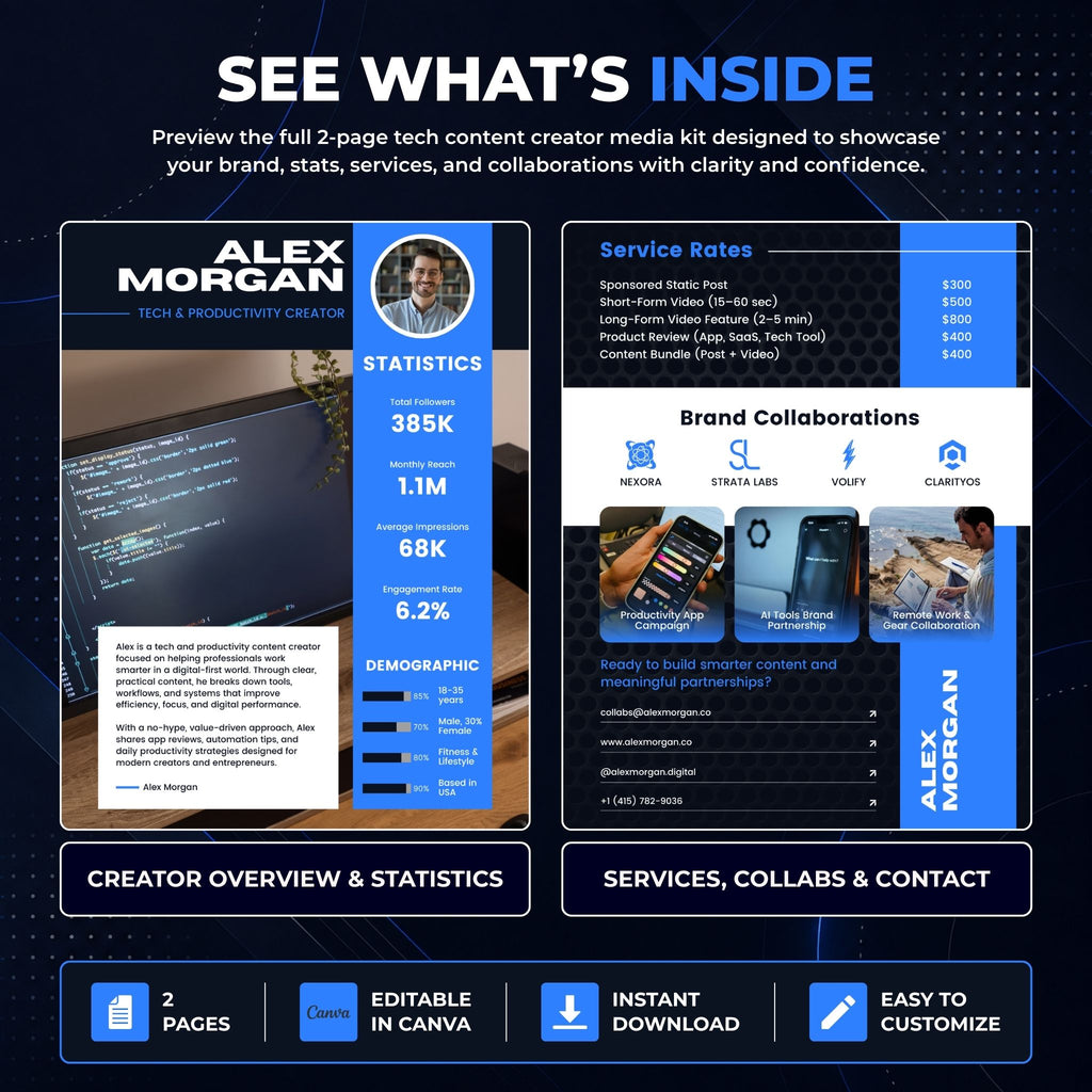 Preview of a 2 page tech content creator media kit Canva template featuring creator statistics, service rates, brand collaborations, and contact details.

