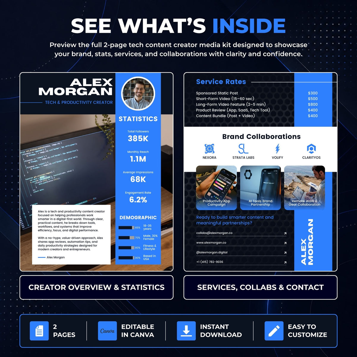 Preview of a 2 page tech content creator media kit Canva template featuring creator statistics, service rates, brand collaborations, and contact details.
