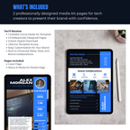 Two tablets displaying a professionally designed media kit template with text on a gray surface.