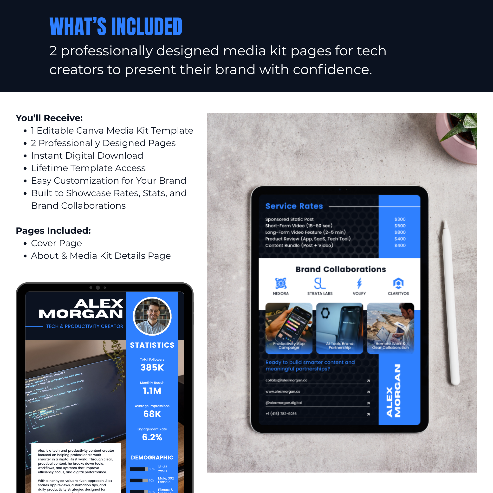 Two tablets displaying a professionally designed media kit template with text on a gray surface.
