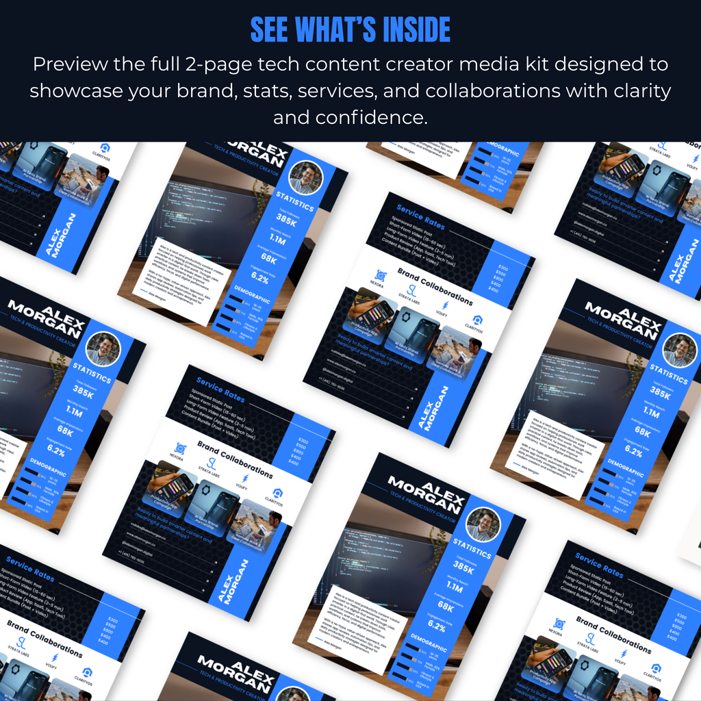 Collage of tech content creator media kit templates with 'Alex Morgan' branding.