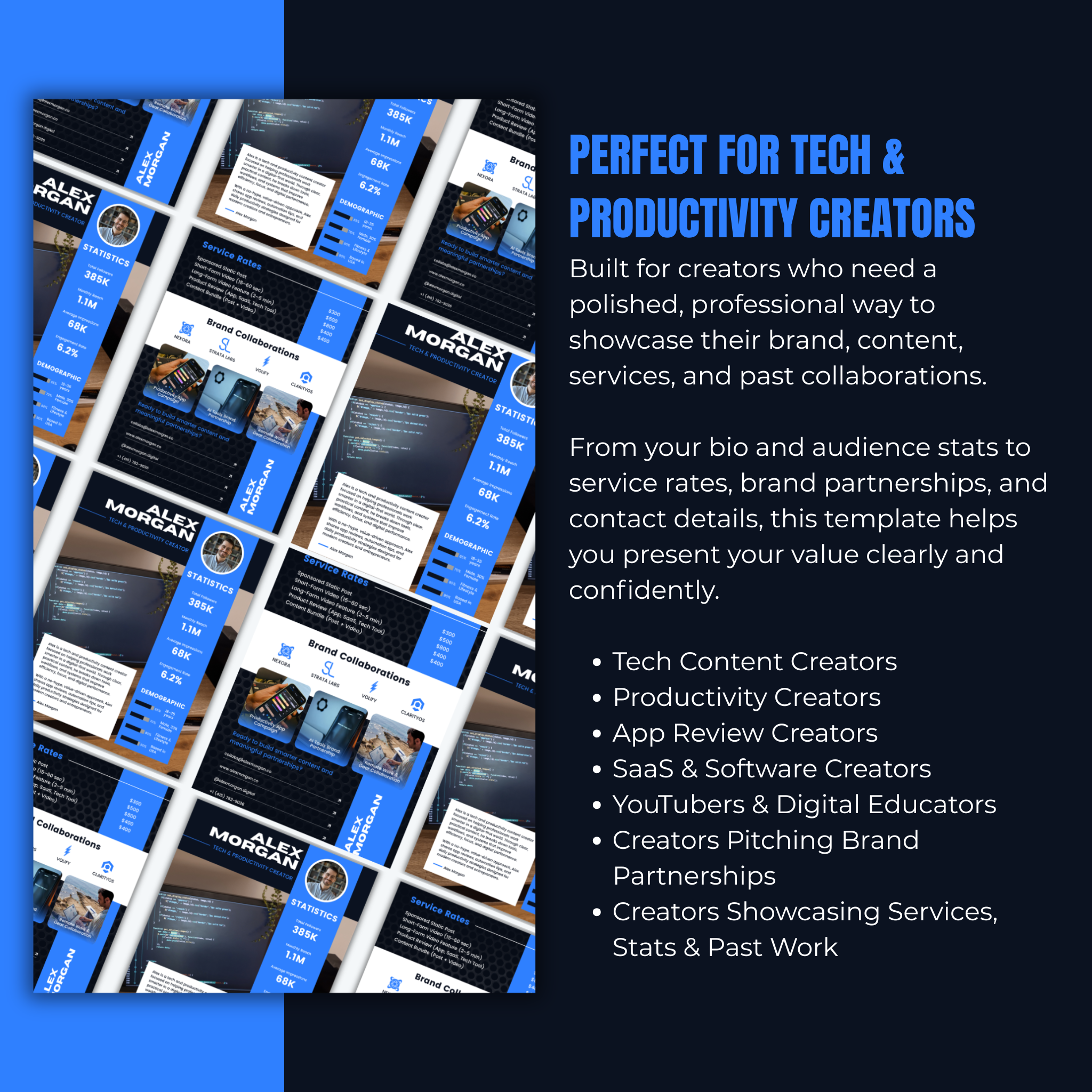 Collage of social media posts with text overlay on a blue and black background