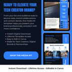 Media kit template for tech creators with download options and features highlighted.