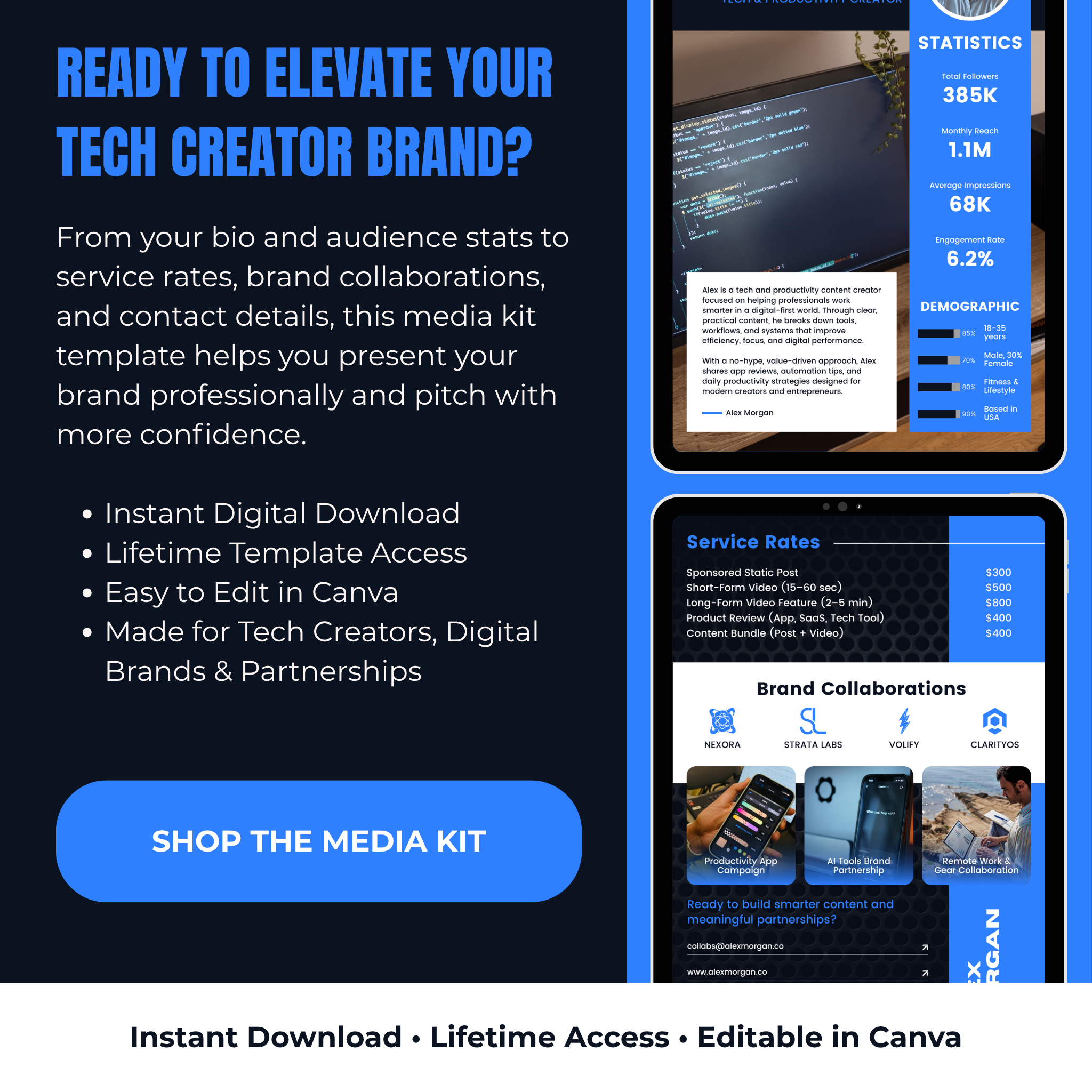Media kit template for tech creators with download options and features highlighted.