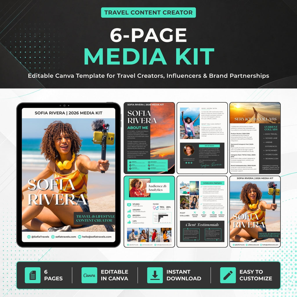Travel content creator holding a smartphone on a beach beside a preview of six editable media kit pages for audience analytics, services, collaborations, testimonials, and contact information.
