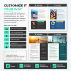 A promotional graphic for a digital Canva resume template, showing before-and-after resume layout examples and a list of editable features such as adding photos, editing text, changing brand colors, adding a logo, swapping fonts, and updating contact info.
