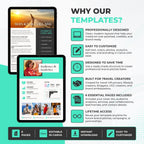 Promotional infographic for Canva social media templates, showing two mockup screens of a travel-themed template set against a teal and white background with feature callouts and icons.
