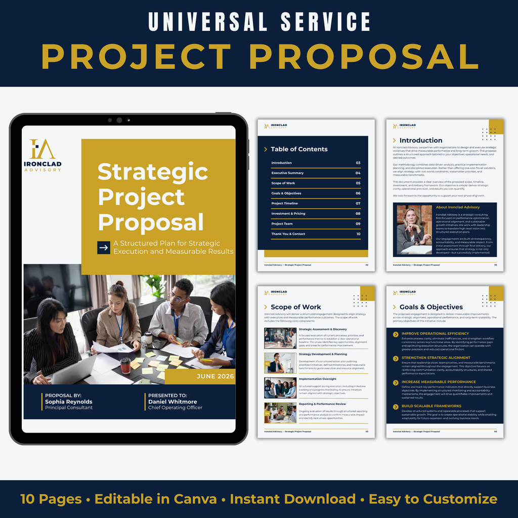 Strategic Project Proposal with tablet display and document pages on a white background