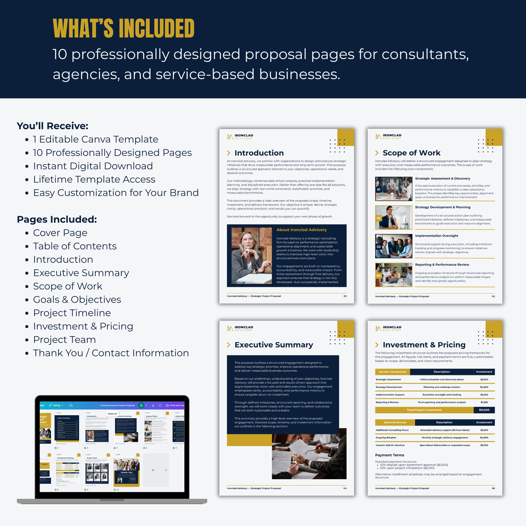 Professional proposal template with editable Canva Template, 10 professionally designed pages, instant digital download, lifetime template access, and customizable branding.