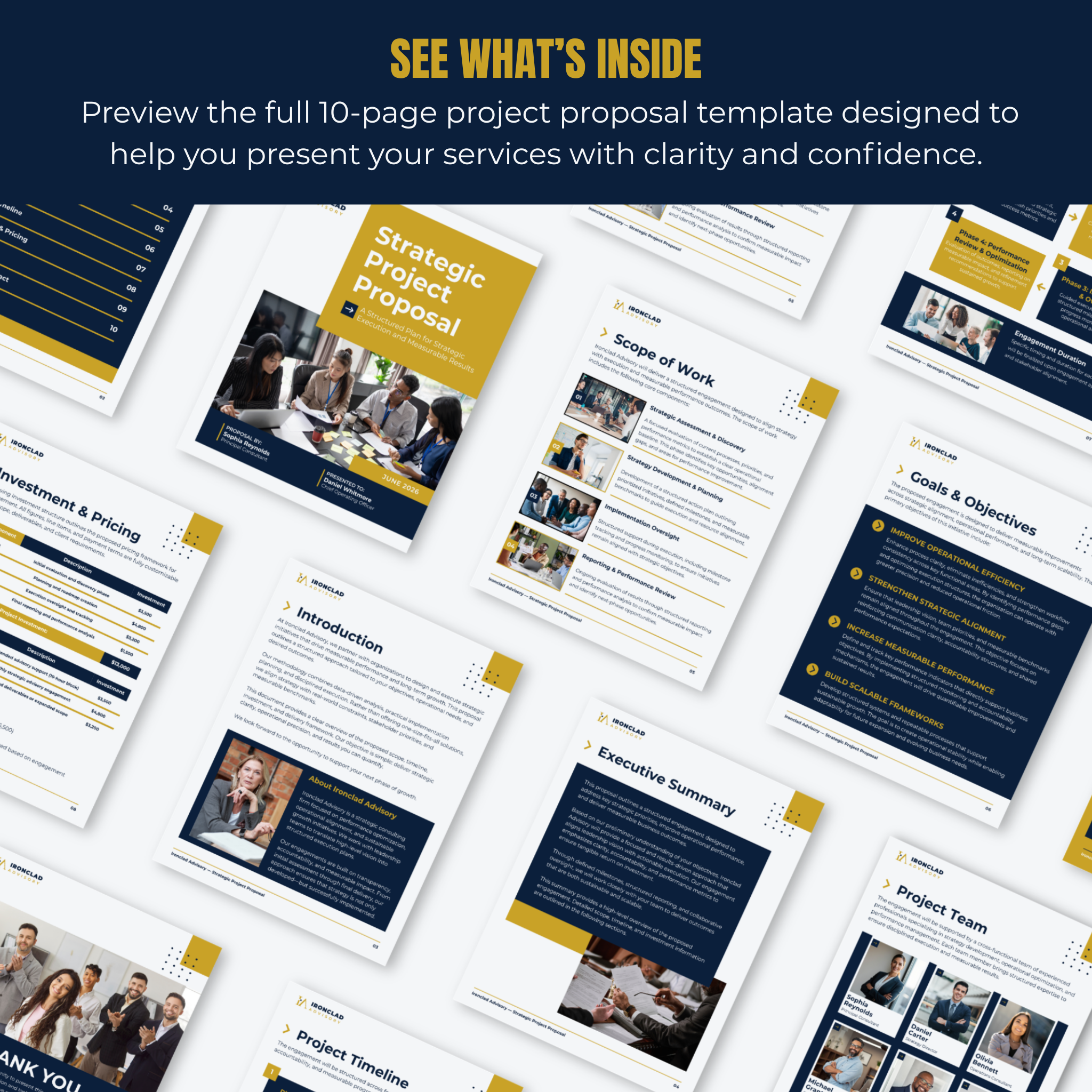10-page project proposal template with various sections on a white background