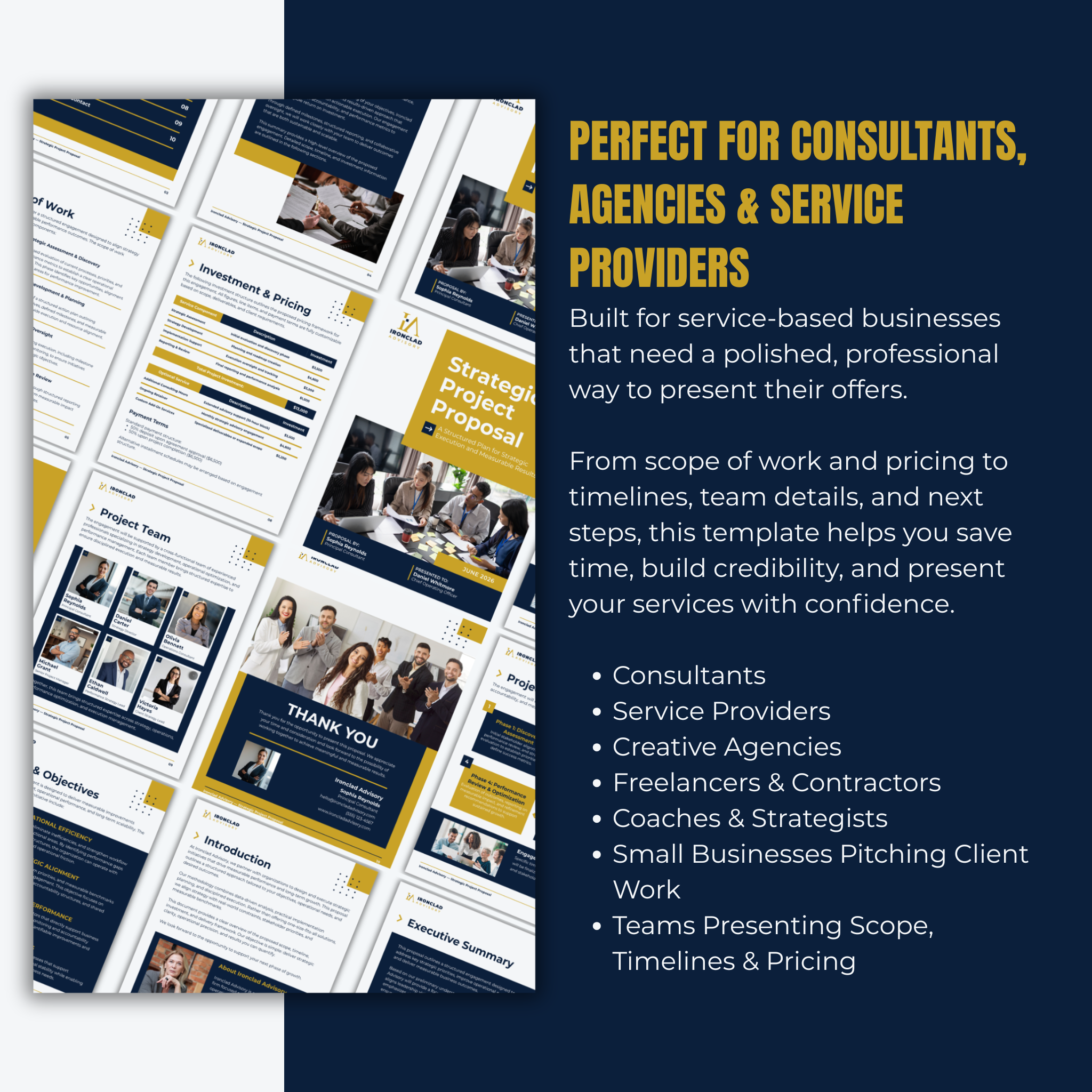 Service proposal template with images of people and text on a blue background