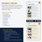 Screenshot of a customizable proposal template with editing options and before/after comparison.