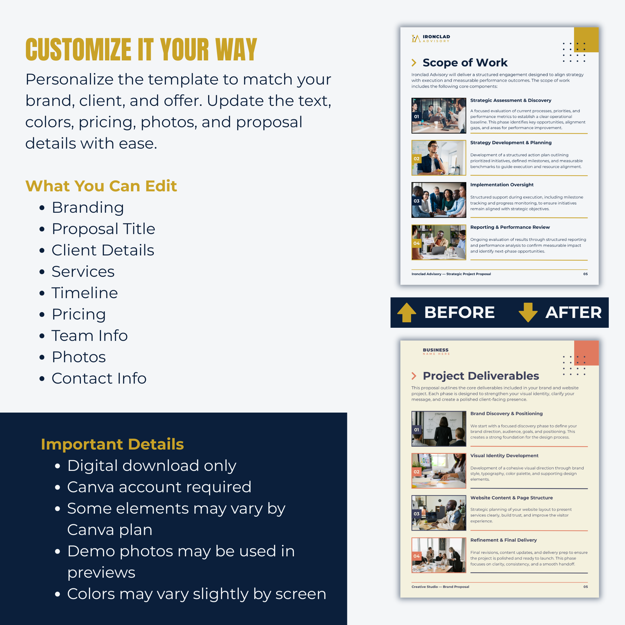 Screenshot of a customizable proposal template with editing options and before/after comparison.
