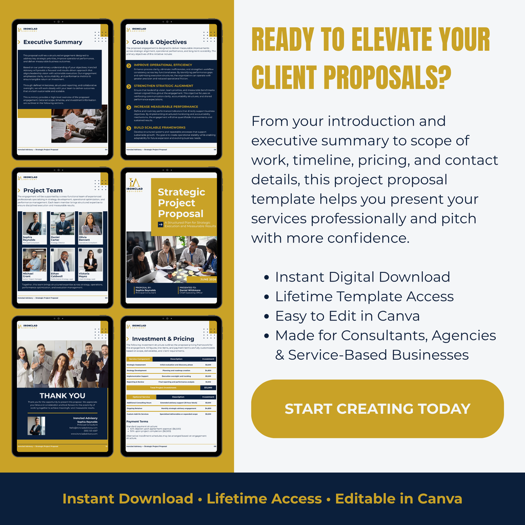 Business proposal Canva template with pricing team details and contact information