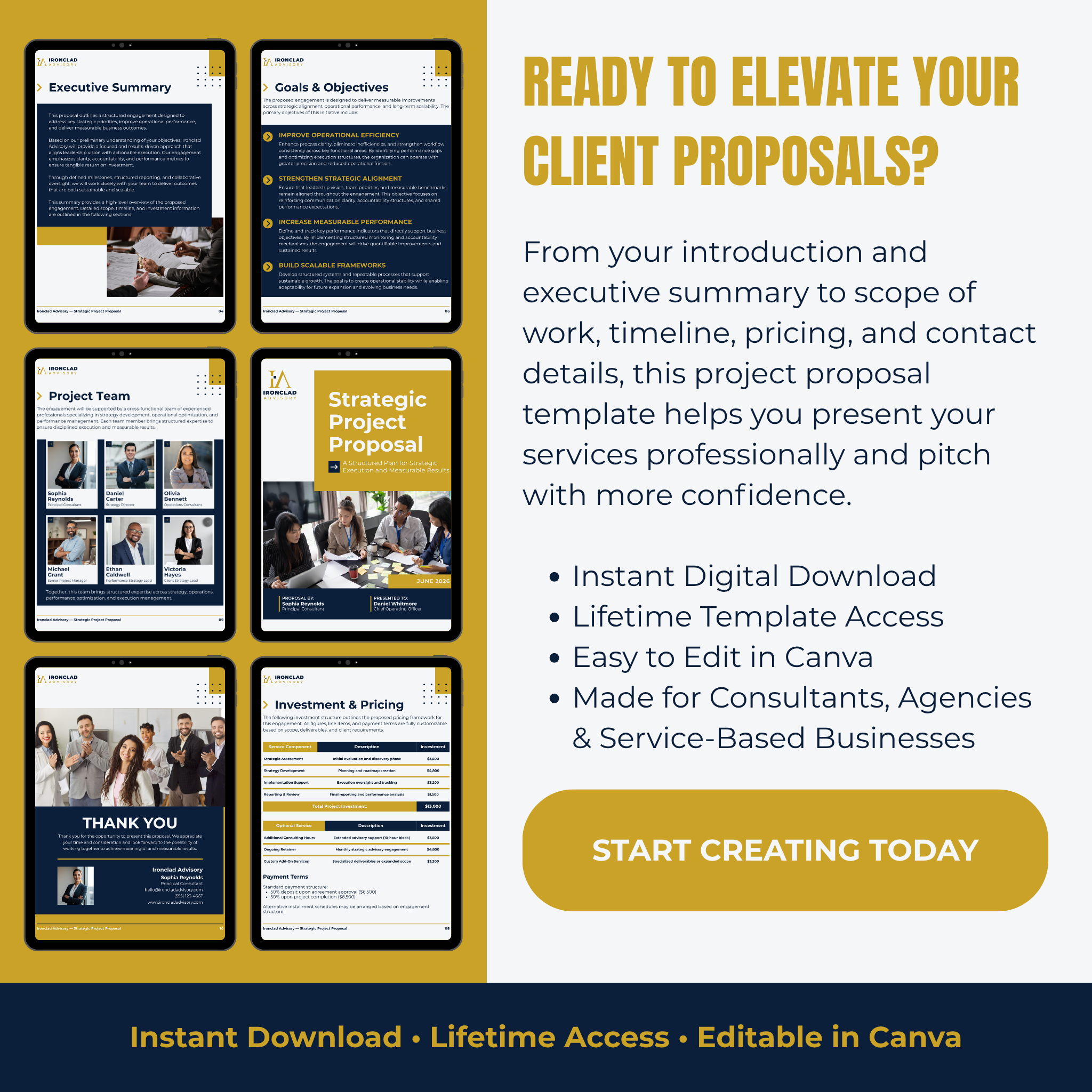 Business proposal Canva template with pricing team details and contact information