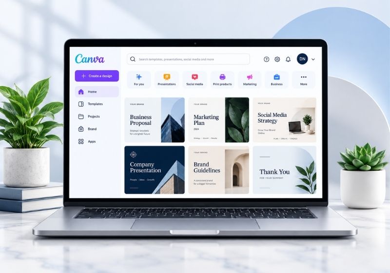 Laptop displaying Canva design templates on a bright desk, flanked by potted plants and soft shadows, creating a clean, modern workspace.