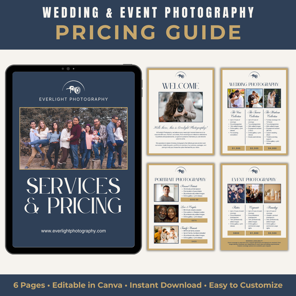 Wedding & Event Photography Pricing Guide with tablet and printed pages displayed.