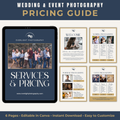 Wedding & Event Photography Pricing Guide with tablet and printed pages displayed.