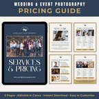 Wedding & Event Photography Pricing Guide with tablet and printed pages displayed.