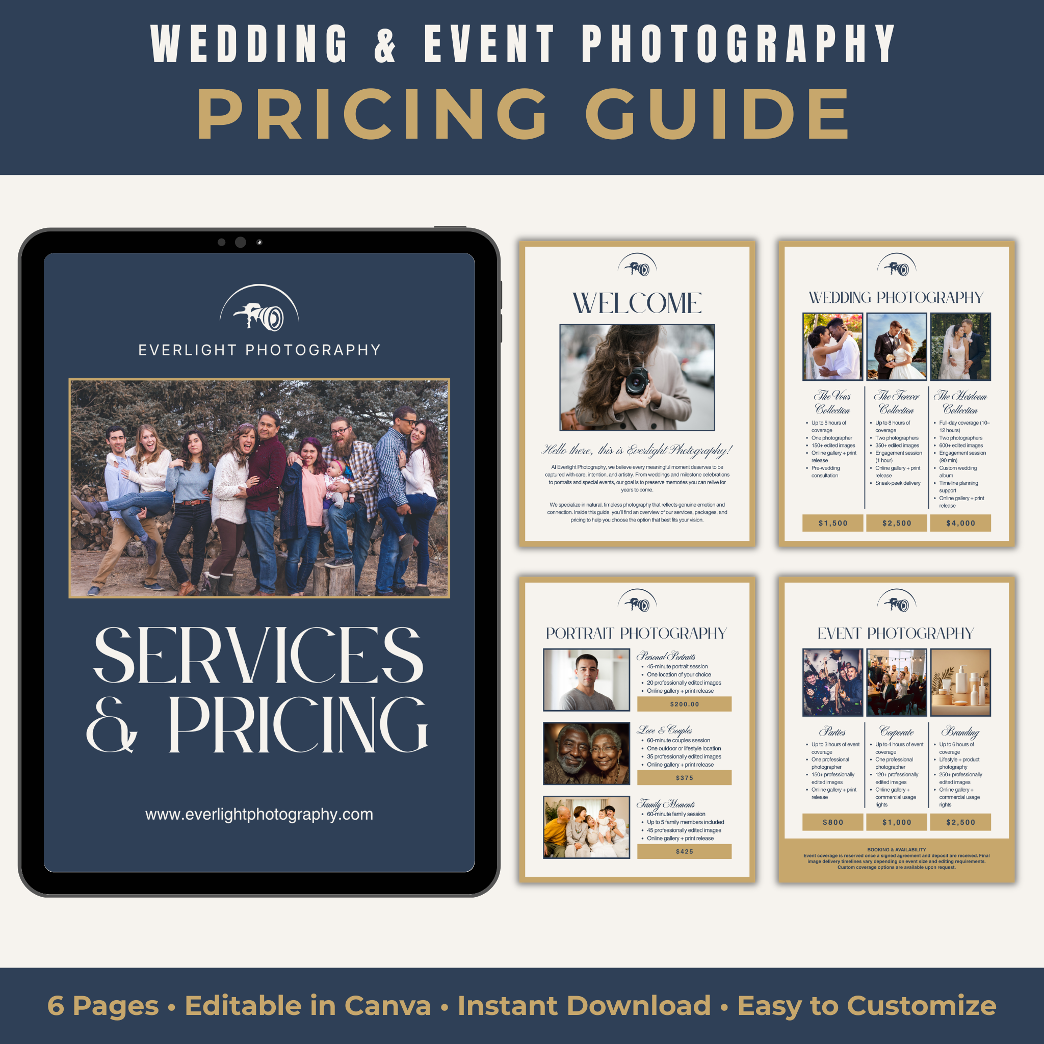 Wedding & Event Photography Pricing Guide with tablet and printed pages displayed.