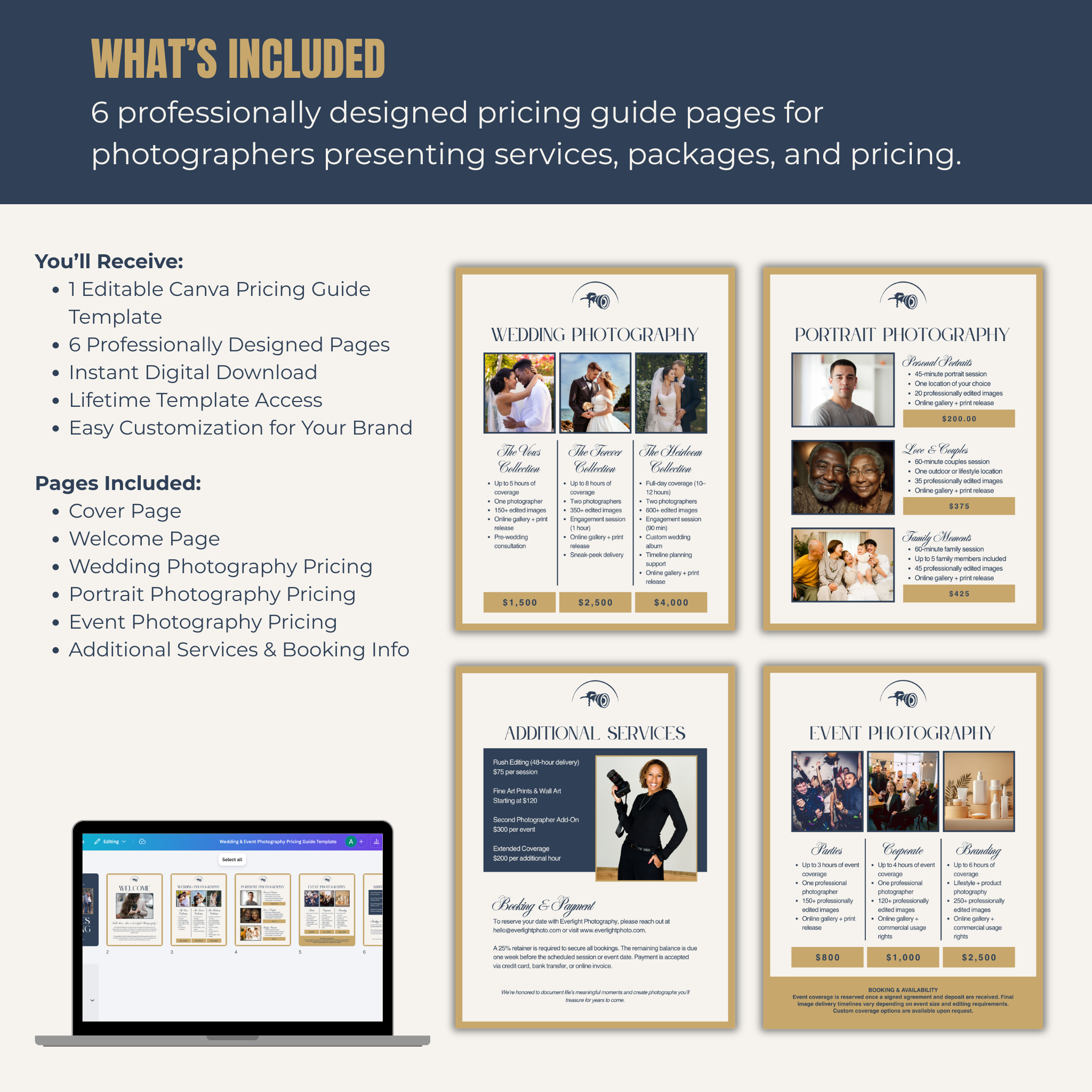 Professional pricing guide template for photographers with editable Canva Pricing Guide Template on a laptop screen.