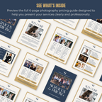 6-page photography pricing guide with various services listed on a white background.