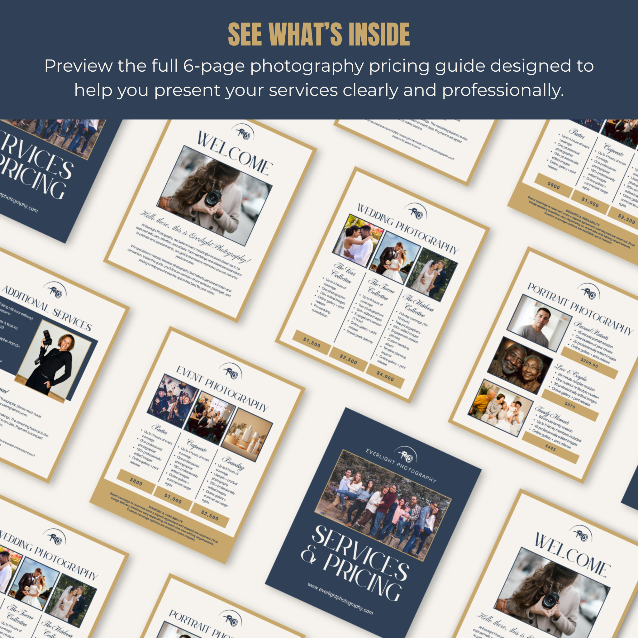 6-page photography pricing guide with various services listed on a white background.