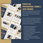 Photography studio template with pricing and services information on a blue and gold background