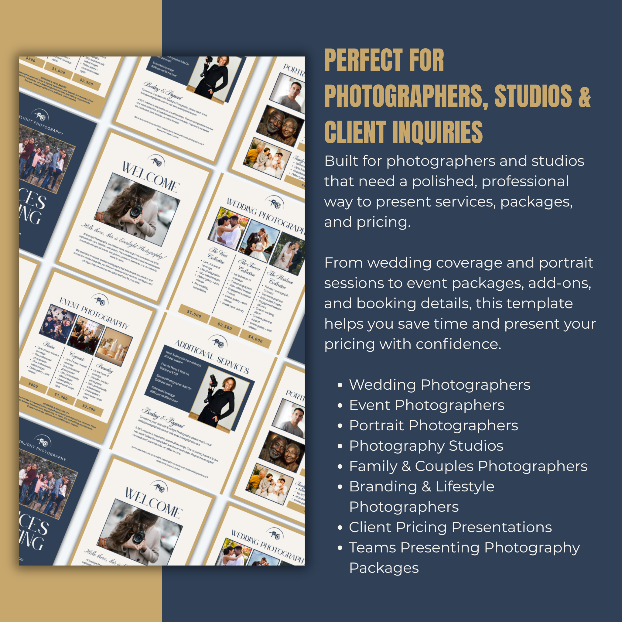 Photography studio template with pricing and services information on a blue and gold background