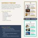 Canva template customization interface for photography services with 'Before' and 'After' examples.