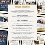 Promotional graphic for photography template services with text and images of pricing guides.