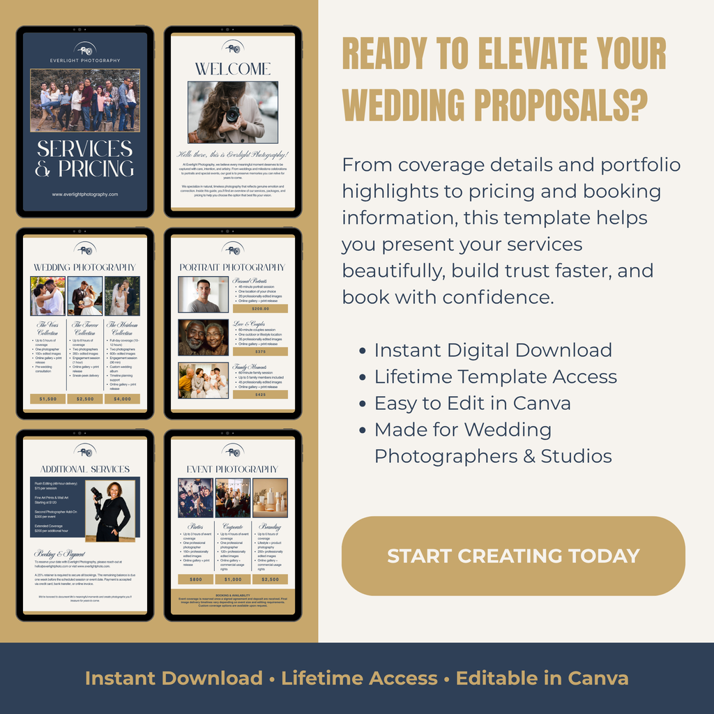 Promotional graphic for wedding proposal templates with text and images of templates.