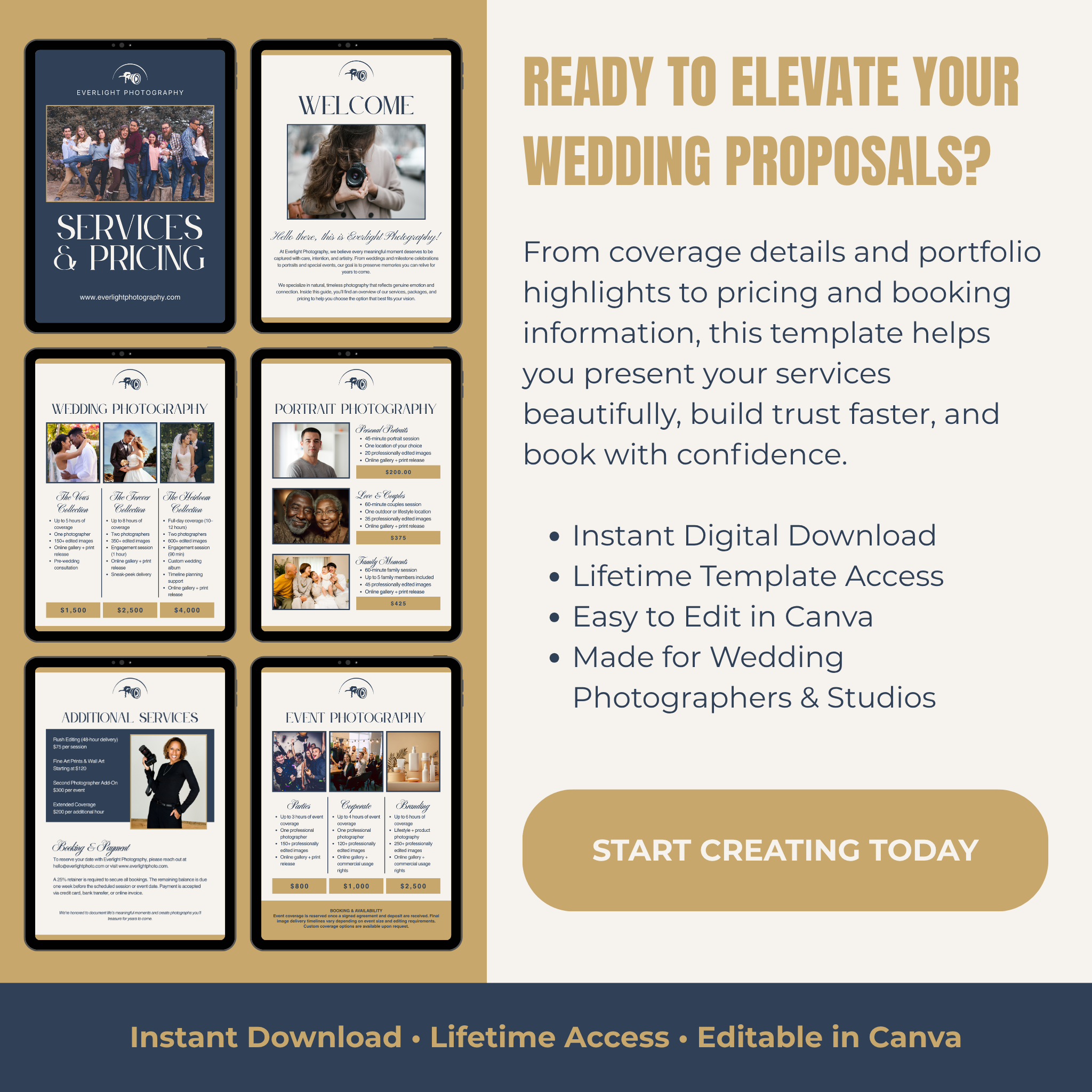 Promotional graphic for wedding proposal templates with text and images of templates.