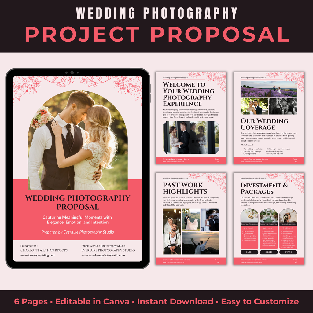 Wedding photography project proposal with tablet display and multiple pages.