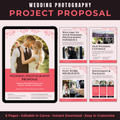 Wedding photography project proposal with tablet display and multiple pages.