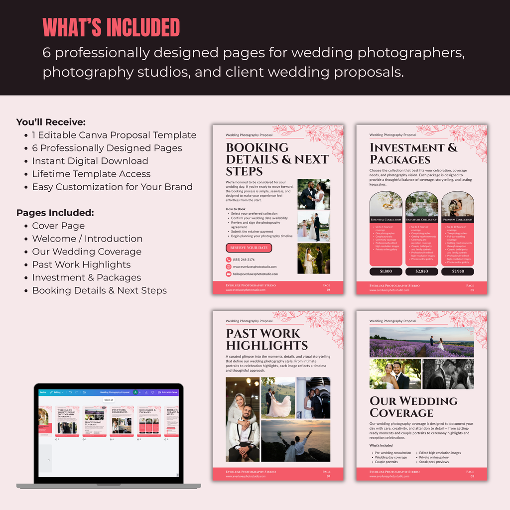 Promotional graphic for wedding photographer proposal templates with a laptop displaying the template.
