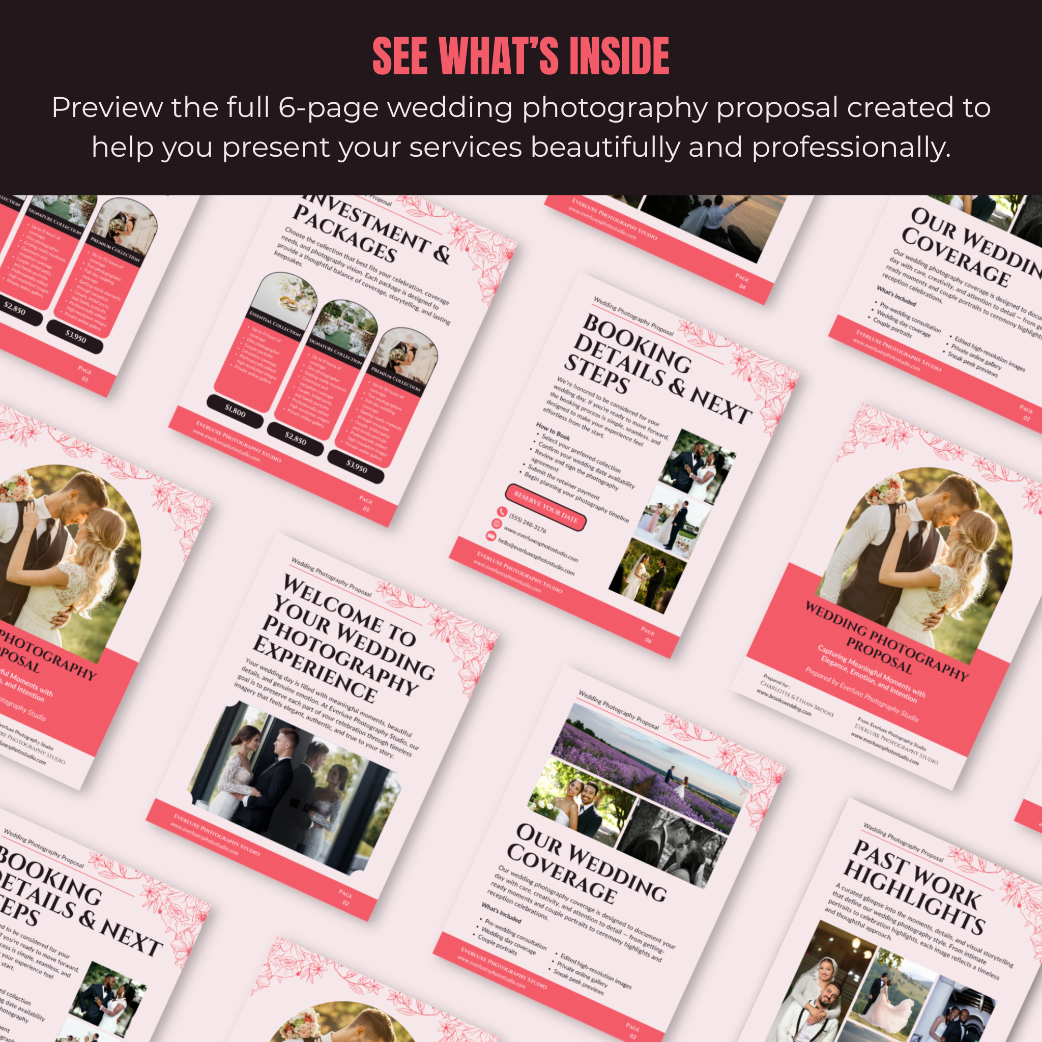 Full 6-page wedding photography proposal with various sections on a white background.
