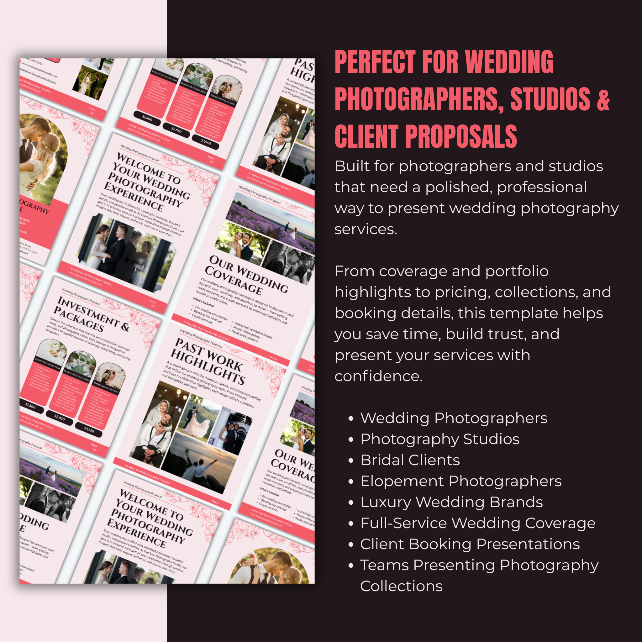Wedding photography template with promotional text on a black background