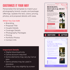 Promotional graphic for a customizable wedding photography proposal template with before and after examples.