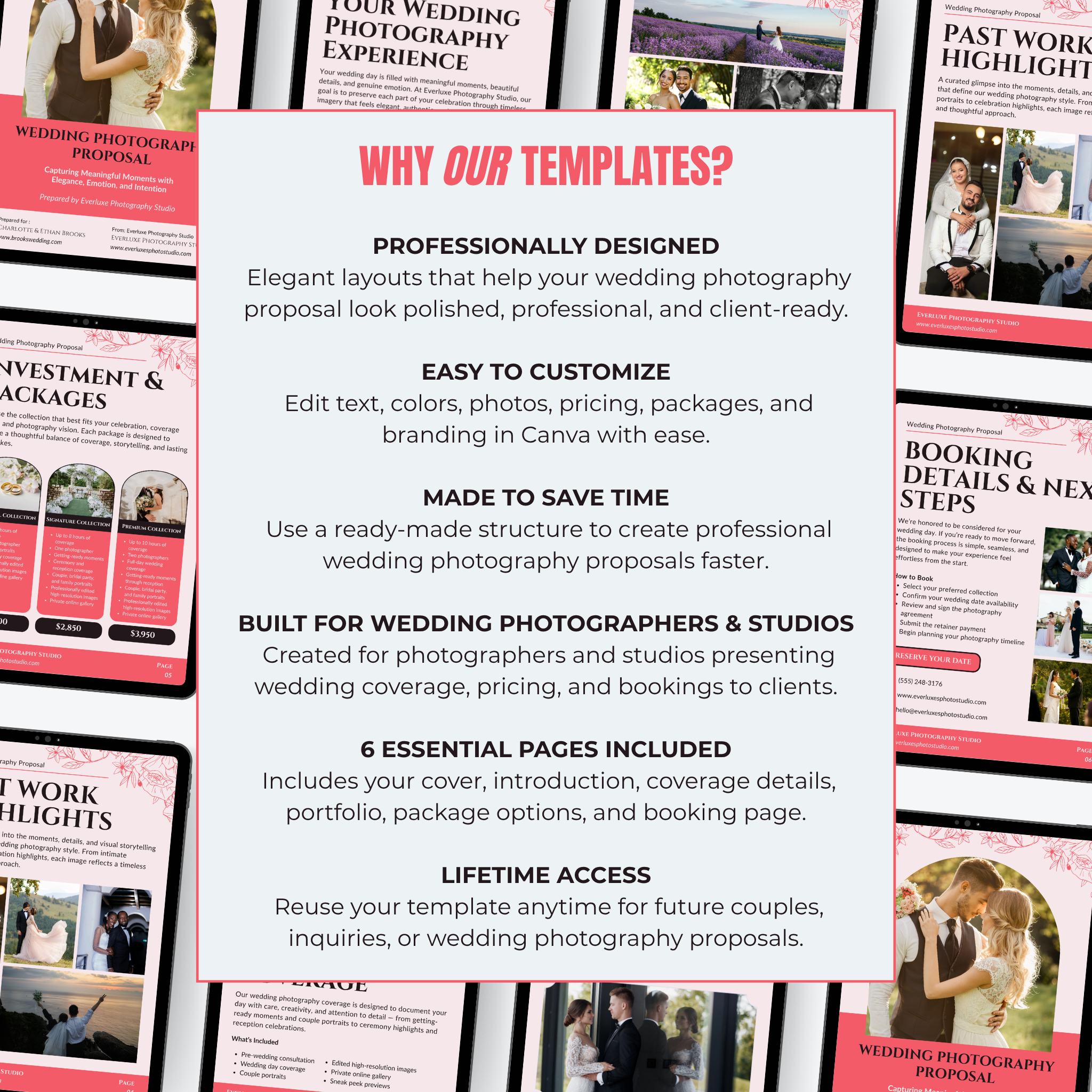 Promotional graphic for wedding photography proposal templates with text and images of proposals.