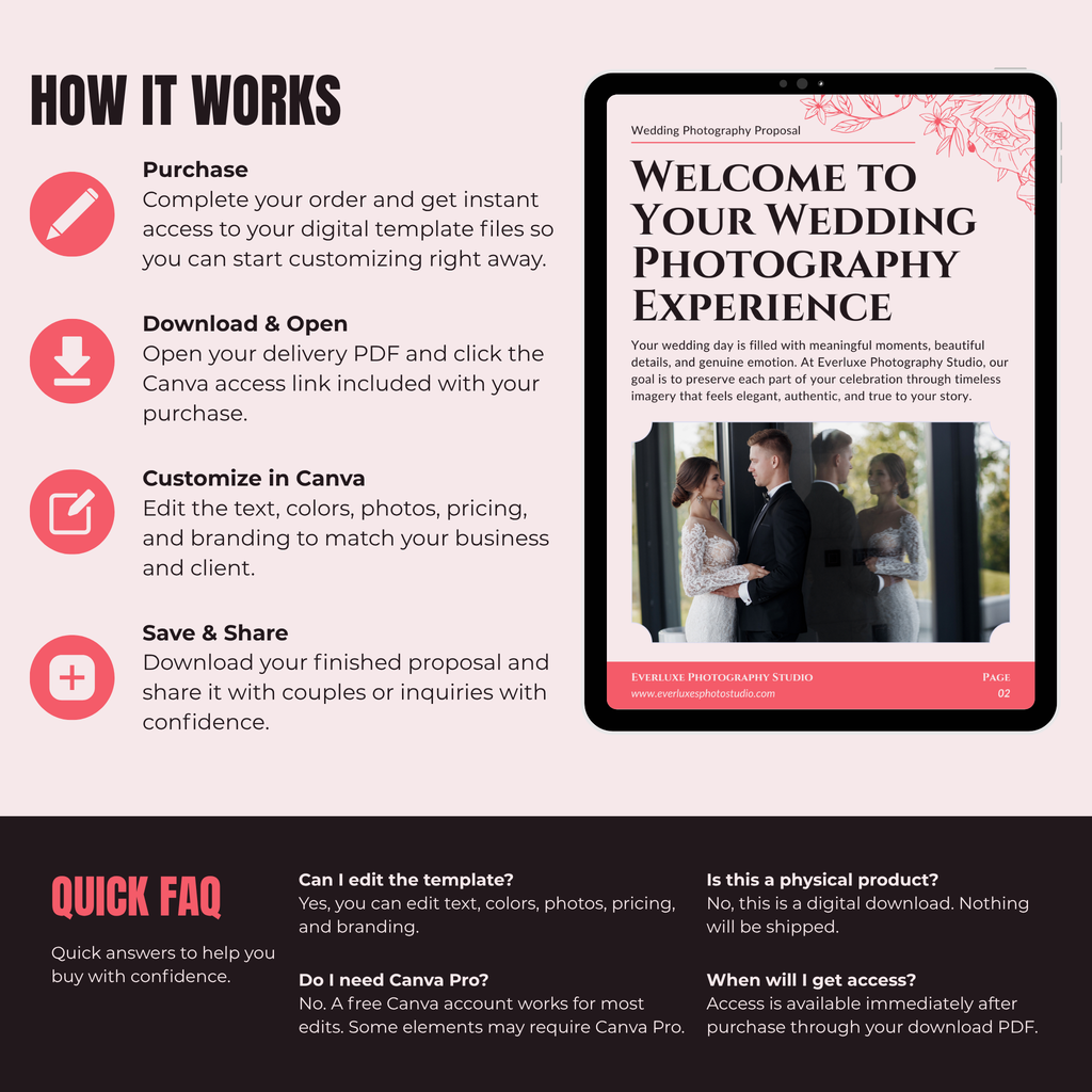 Wedding photography proposal template on a tablet with instructions and FAQs.