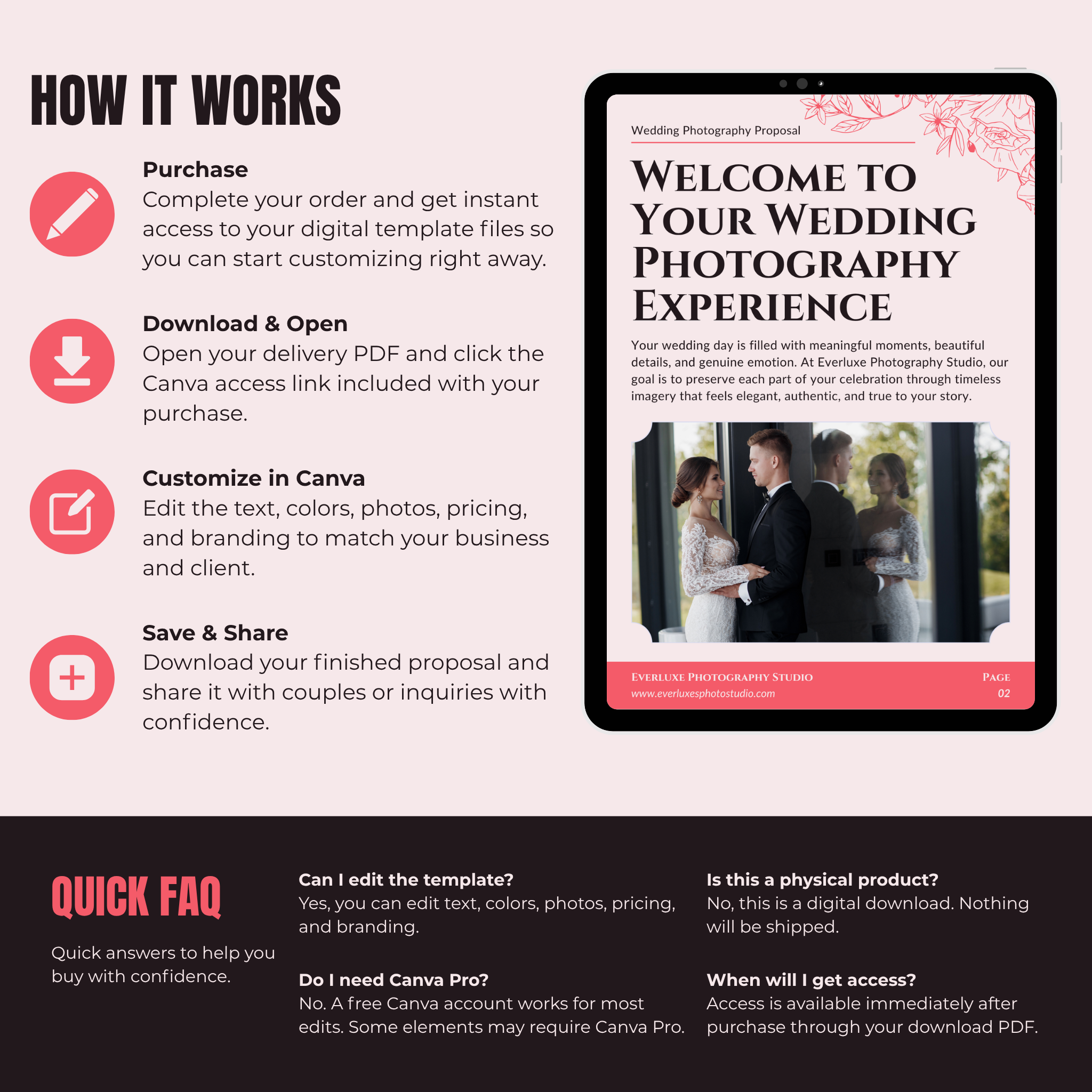 Wedding photography proposal template on a tablet with instructions and FAQs.