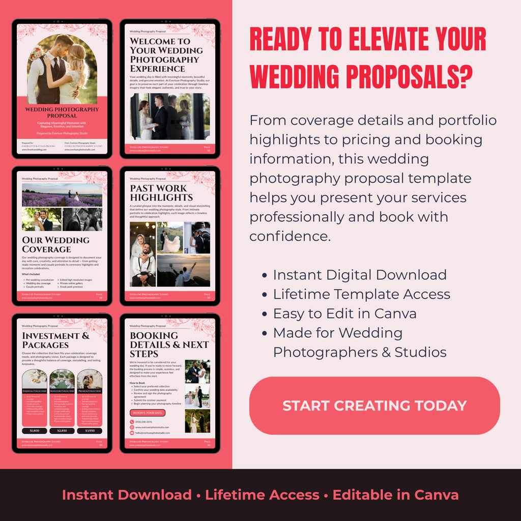 Wedding photography proposal template with promotional text on a pink and black background