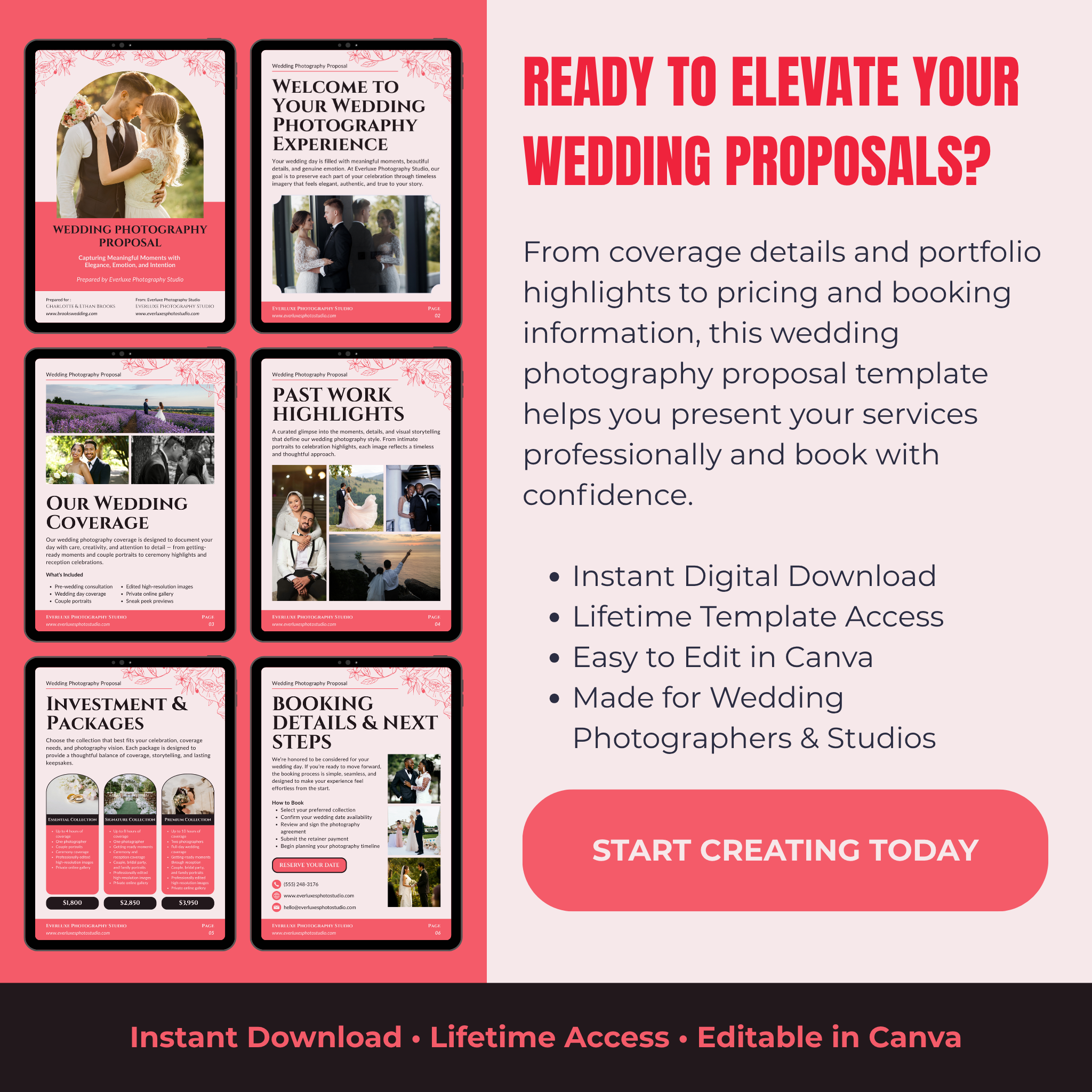 Wedding photography proposal template with promotional text on a pink and black background