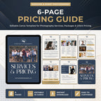 Promotional graphic for a digital Canva template product titled '6-PAGE PRICING GUIDE' under 'WEDDING & EVENT PHOTOGRAPHY.' The design shows a tablet mockup with a services and pricing page, plus five sample page thumbnails, all on a dark navy and gold background.
