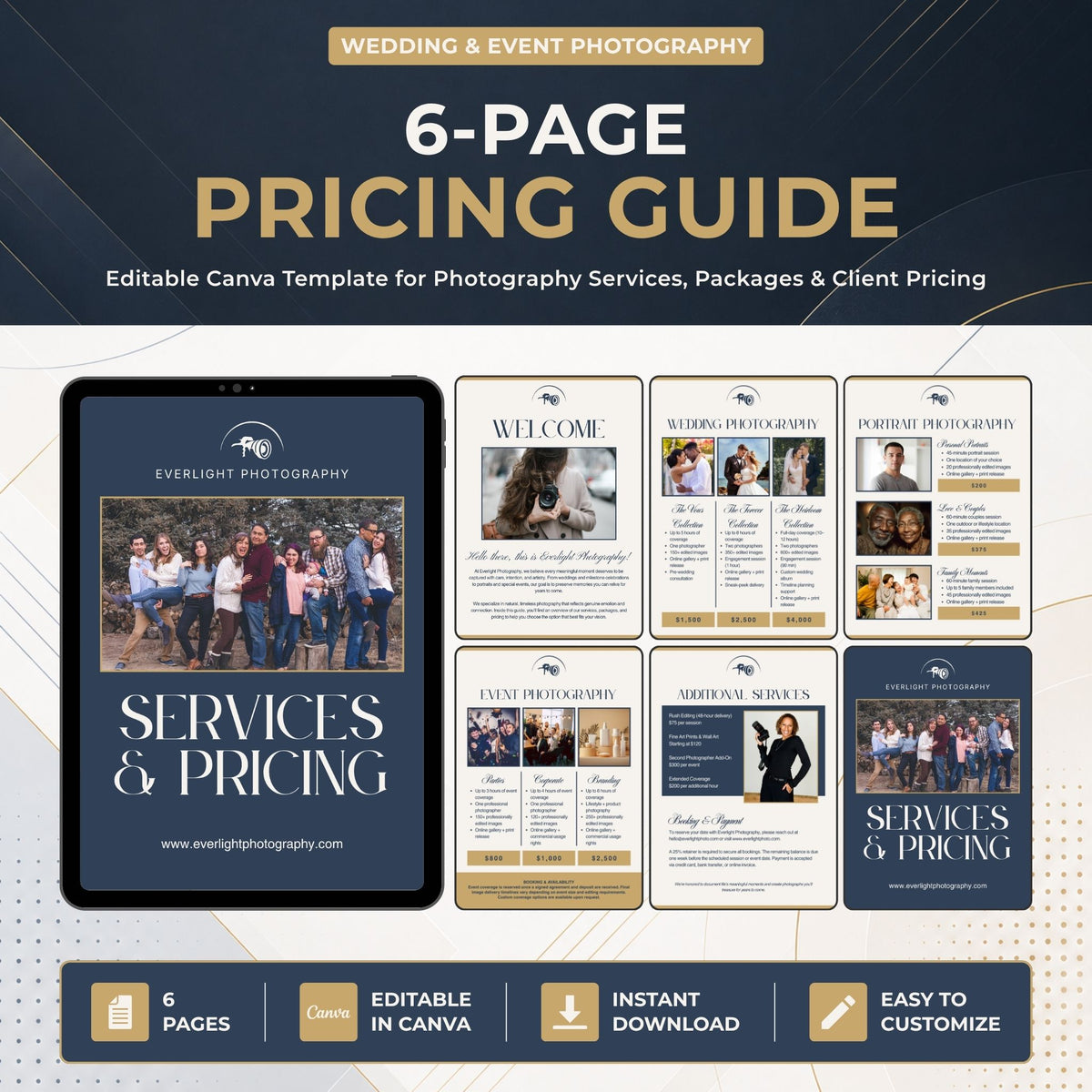 Promotional graphic for a digital Canva template product titled '6-PAGE PRICING GUIDE' under 'WEDDING & EVENT PHOTOGRAPHY.' The design shows a tablet mockup with a services and pricing page, plus five sample page thumbnails, all on a dark navy and gold background.
